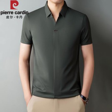 皮爾卡丹高檔男士桑蠶絲短袖T恤夏季薄款無痕純色商務翻領上衣男