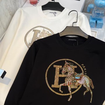 歐貨潮牌衛衣男H戰馬燙鉆高質感純棉輕奢設計感秋冬新款圓領上衣