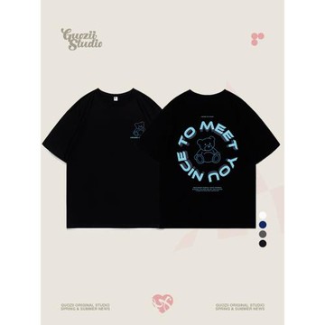 Guozii小熊印花正肩短袖純棉t恤女ins甜酷風寬松顯瘦重磅圓領上衣