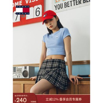 (免運)【辣妹短款】Tommy夏季女美式潮流螺紋彈力修身圓領短袖T恤17986