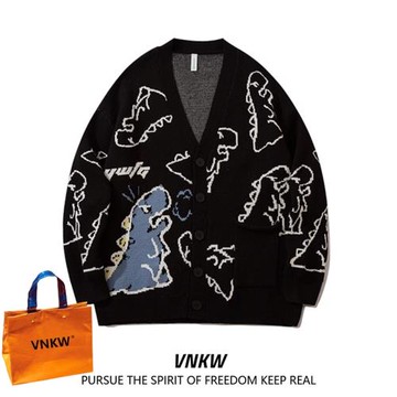 街頭卡通開衫衛衣男春秋日系潮流慵懶復古寬松情侶針織衫休閑外套