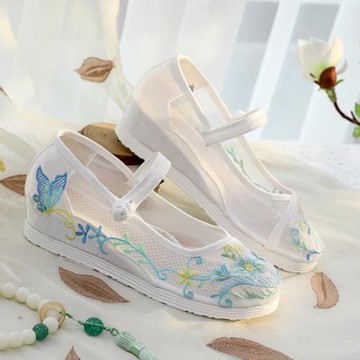 春夏低跟圓頭漢服鞋禪意古裝鞋古風鞋民族風繡花鞋低跟素雅女單鞋