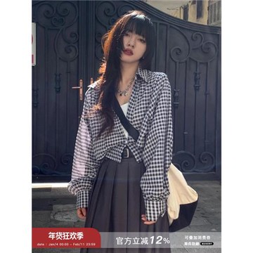 呆毛 復古短款格子長袖襯衫女春秋設計感襯衣防曬外套小個子上衣