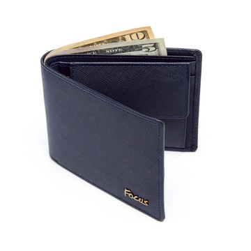 【FOCUS】真皮RFID防盜簡約4卡零錢袋男短夾_十字紋藍 (FIB2825)