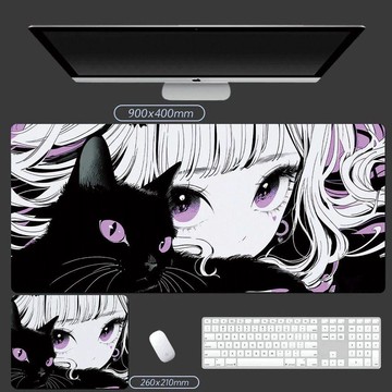 臺灣出貨🎊黑白少女滑鼠墊動漫ins風超大號電腦鍵盤筆記本桌墊卡通可愛桌墊大減價🎁