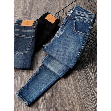 雙扣藍色牛仔褲女2025新款高腰顯瘦九分小個子緊身加絨彈力小腳褲