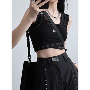 🌸熱賣新款🌸短款假兩件吊帶背心女夏ins潮設計感小衆美式chic港味甜辣妹上衣