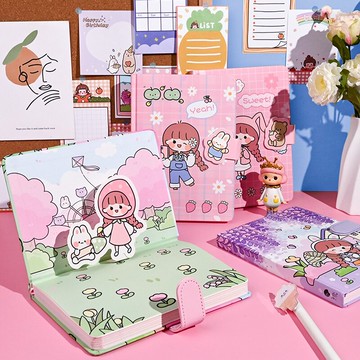 長詩原創3D立體pu磁扣本卡通理想日子手帳本可愛少女心創意手賬本學生用ins備忘本日記筆記記事本子