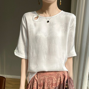 【巴黎精品】緞面T恤五分袖上衣-復古中國風提花圓領女裝3色a1iz20