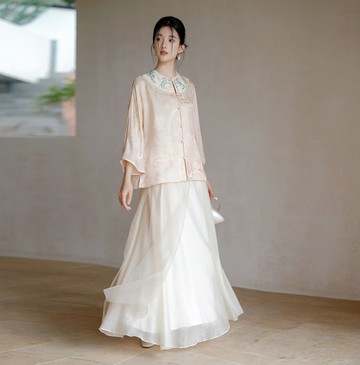 【桑蠶絲】新中式復古中國風 刺繡禪意/真絲上衣/半裙
