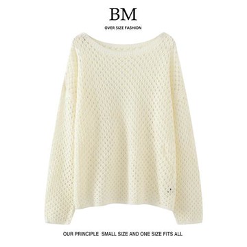 BM Fashion秋季新款bm針織衫鏤空套頭寬松長袖圓領小眾毛衣上衣女