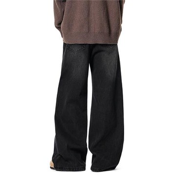 美式高街水洗做舊牛仔褲男春季寬松復古cleanfit百搭闊腿黑色長褲