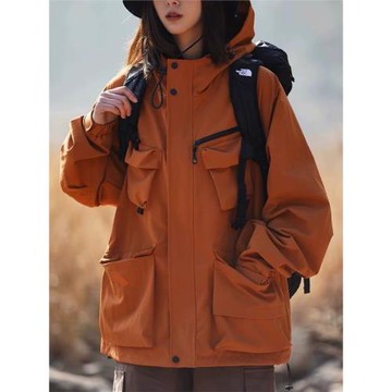 日系機能戶外純色多口袋工裝沖鋒衣男女防風防水寬松連帽夾克外套