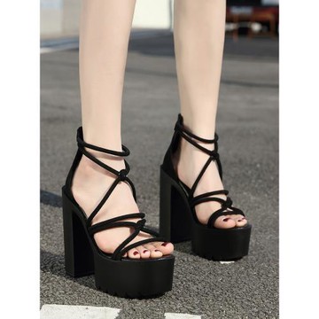 2026年春季交叉帶露趾防水臺厚底涼鞋14CM超高跟粗跟酒吧走秀女鞋
