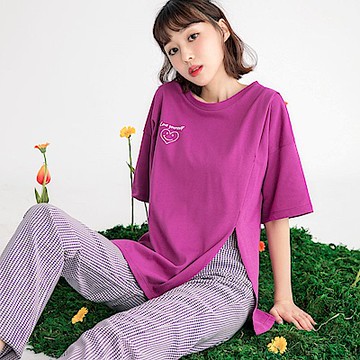 快乾棉微笑印花不對稱開衩短袖上衣-OB嚴選