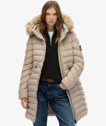 Superdry Women's Fuji Faux Fur Hooded Mid Length Coat Cream Size: 6