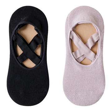 NicoFun 愛定做 加厚毛巾底芭蕾舞鞋防滑瑜珈短襪 女襪 2雙  22~24.5cm  黑色 + 灰紫色