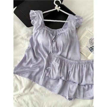 紫色高級小飛袖夏季冰絲睡衣女款可外穿2025新款帶胸墊家居服套裝