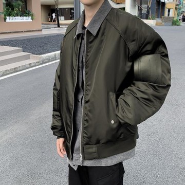 小眾拼接翻領加厚棉服外套男士寬松冬季假兩件設計飛行棒球服棉襖
