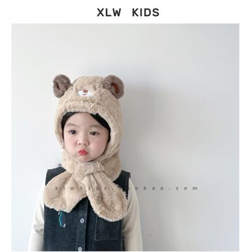 ins風小熊兒童帽子圍脖一體帽秋冬季男女童毛絨帽可愛寶寶保暖帽