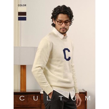 CULTUM30%羊毛ivy男士圓領套頭復古毛衣嵌花校隊Varsity Sweater