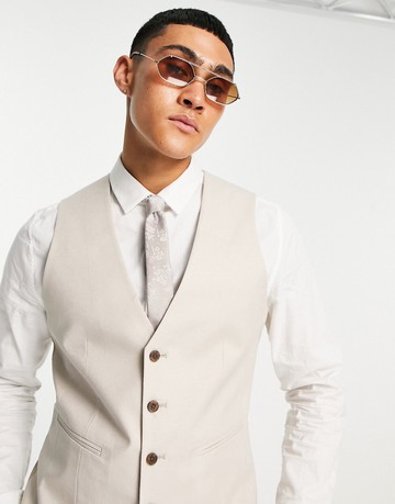 ASOS DESIGN skinny linen mix waistcoat in stone-Neutral