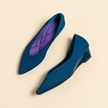 王妃針織鞋女坡跟新款藍色一腳蹬懶人尖頭飛線透氣編織單鞋夏