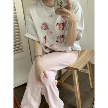 【太妮絲T262】現貨 韓系 愛心 狗狗 印花 短袖上衣 寬鬆 美式 小狗 花灰色 可愛 短