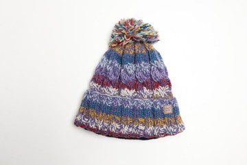 紫紅毛球雜線翻邊純羊毛線手工編織全襯防風毛帽|交換禮物|聖誕節