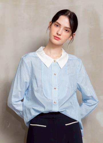 自信感受條紋拼接翻領柔棉襯衫