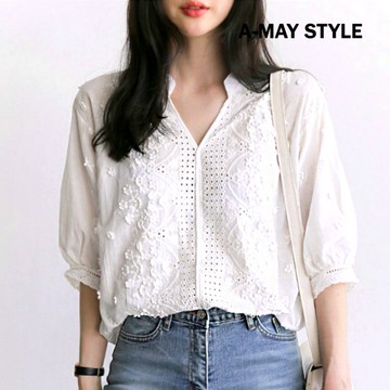 韓版氣質鏤空刺繡棉質衫(S-XL)