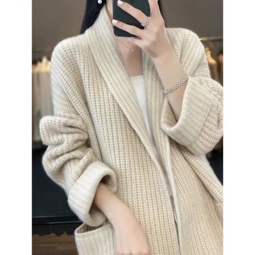 重磅~100%羊毛衫女加厚中長款開衫帶兜寬松慵懶風秋季V領毛衣外套