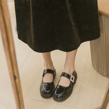 ocean one 漆皮圓頭瑪麗珍鉆扣百搭松糕粗跟低跟小皮鞋女學院風
