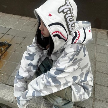 鯊魚外套 男女 春秋裝 刺繡 美式 高街學院風 小眾 設計 雙帽 迷彩拉鏈 開衫衛衣 連帽男 長袖帽衫（L8275）