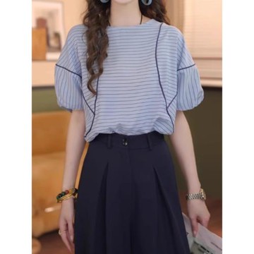 高級感條紋短袖襯衫女士夏季大碼胖MM顯瘦泡泡袖上衣小衫氣質襯衣