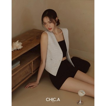 CHIC A SPACE 條紋小香銀扣背心外套(黑/白) 女裝 現貨 氣質 高級感