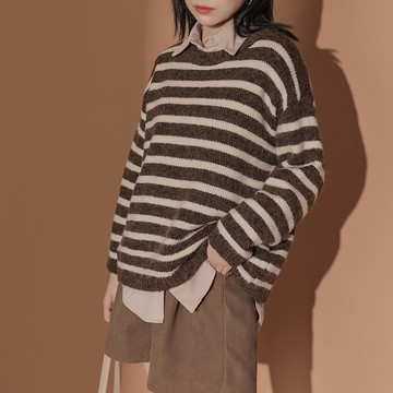 橫條紋粗針織毛衣-咖底【KT222849】