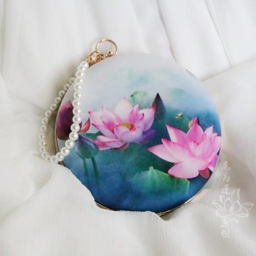 手工小圓包珠鏈手提中式旗袍復古絲絨印花料布口金包女愿為蓮原創