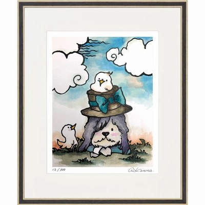 ジークレー版画 額装絵画 KANNA作 「小鳥とおはなし」 四ッ切サイズ