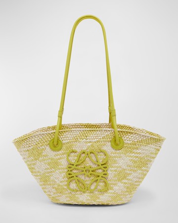 x Paula's Ibiza Anagram Basket Shoulder Bag in Checkered Iraca Palm with Leather Handles