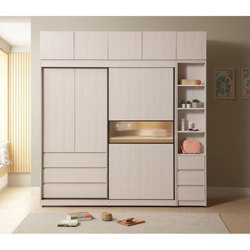 直人木業-ROLA極簡風白榆木長虹玻璃高被櫃衣櫃222公分(滑門衣櫃182公分/開放三抽櫃40公分)