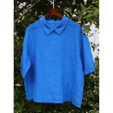 昔語自制克萊因藍日系小翻領純亞麻襯衫短袖夏季新款寬松小衫女