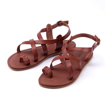 洛克熊交叉帶皮製平底涼鞋 - 咖啡色