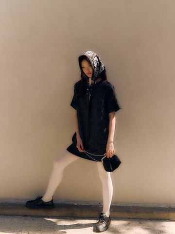 Damask Jacquard Half-sleeve Double-button Dress [BLACK]