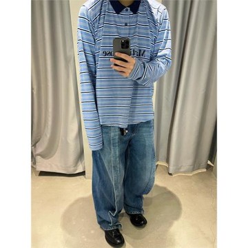 Martine Rose新款藍色條紋polo衫美式復古寬松休閑長袖男女同款潮