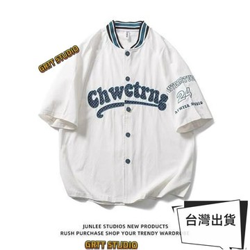 優選 大尺碼 棒球衣 短袖襯衫 短袖上衣 春夏季棒球服復古寬松短袖襯衫外套12ins美式印花情侶襯衣男女潮