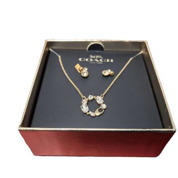 COACH水晶圓形吊墜項鍊和耳環套裝組--(現貨+預購)