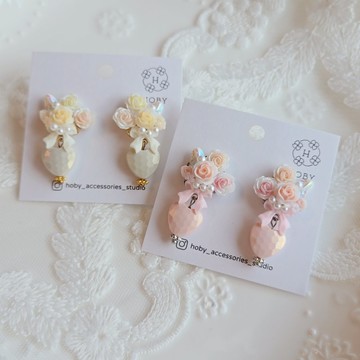 洛可可玫瑰 花 愛心 耳環/耳釘/耳夾 原創 手作 送禮 珍珠