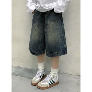 期望Studio美式復古水洗小眾牛仔短褲男女直筒闊腿做舊休閑七分褲