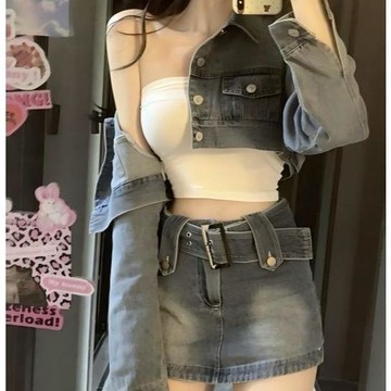 【兩件套裝】美式複古辣妹設計感短款牛仔外套女+高腰牛仔半身裙